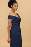 Navy Sheath/Column Off The Shoulder Satin Bridesmaid Dress