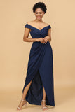 Navy Sheath/Column Off The Shoulder Satin Bridesmaid Dress