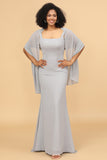 Mermaid Square Neck Long Chiffon Bridesmaid Dress with Cape