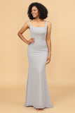 Grey Mermaid Square Neck Long Chiffon Bridesmaid Dress with Cape