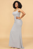 Grey Mermaid Square Neck Long Chiffon Bridesmaid Dress with Cape