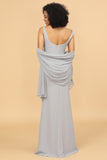 Grey Mermaid Square Neck Long Chiffon Bridesmaid Dress with Cape