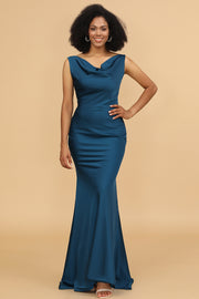 Ink Blue Mermaid Cowl Neck Long Satin Bridesmaid Dress