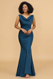 Ink Blue Mermaid Cowl Neck Long Satin Bridesmaid Dress