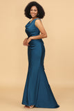 Ink Blue Mermaid Cowl Neck Long Satin Bridesmaid Dress