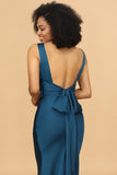 Ink Blue Mermaid Cowl Neck Long Satin Bridesmaid Dress