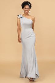 Mermaid One Shoulder Satin Long Bridesmaid Dress With Bowknot