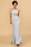 Grey Mermaid One Shoulder Satin Bridesmaid Dress With Bowknot