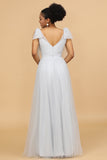 Grey A-Line V-Neck Floor Length Tulle Bridesmaid Dress