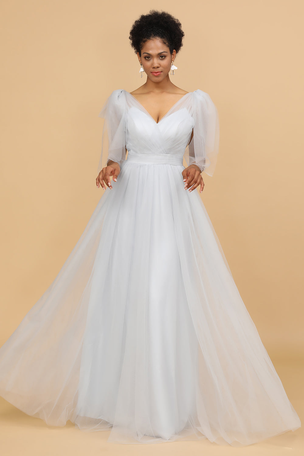 Grey A-Line V-Neck Floor Length Tulle Bridesmaid Dress