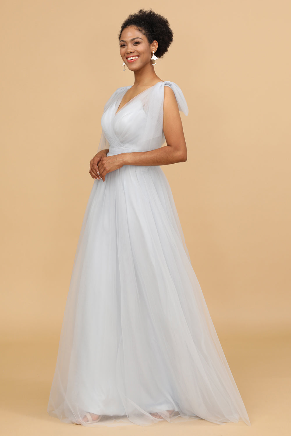 Grey A-Line V-Neck Floor Length Tulle Bridesmaid Dress