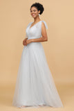 Grey A-Line V-Neck Floor Length Tulle Bridesmaid Dress