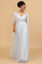 Grey A-Line V-Neck Floor Length Tulle Bridesmaid Dress