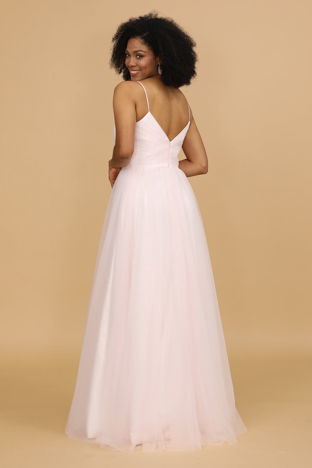 Pink A Line Spaghetti Straps Floor Length Tulle Bridesmaid Dress