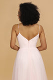 Pink A Line Spaghetti Straps Floor Length Tulle Bridesmaid Dress