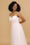 Pink A Line Spaghetti Straps Floor Length Tulle Bridesmaid Dress