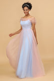 Pink&Blue A Line Spaghetti Straps Tulle Long Bridesmaid Dress