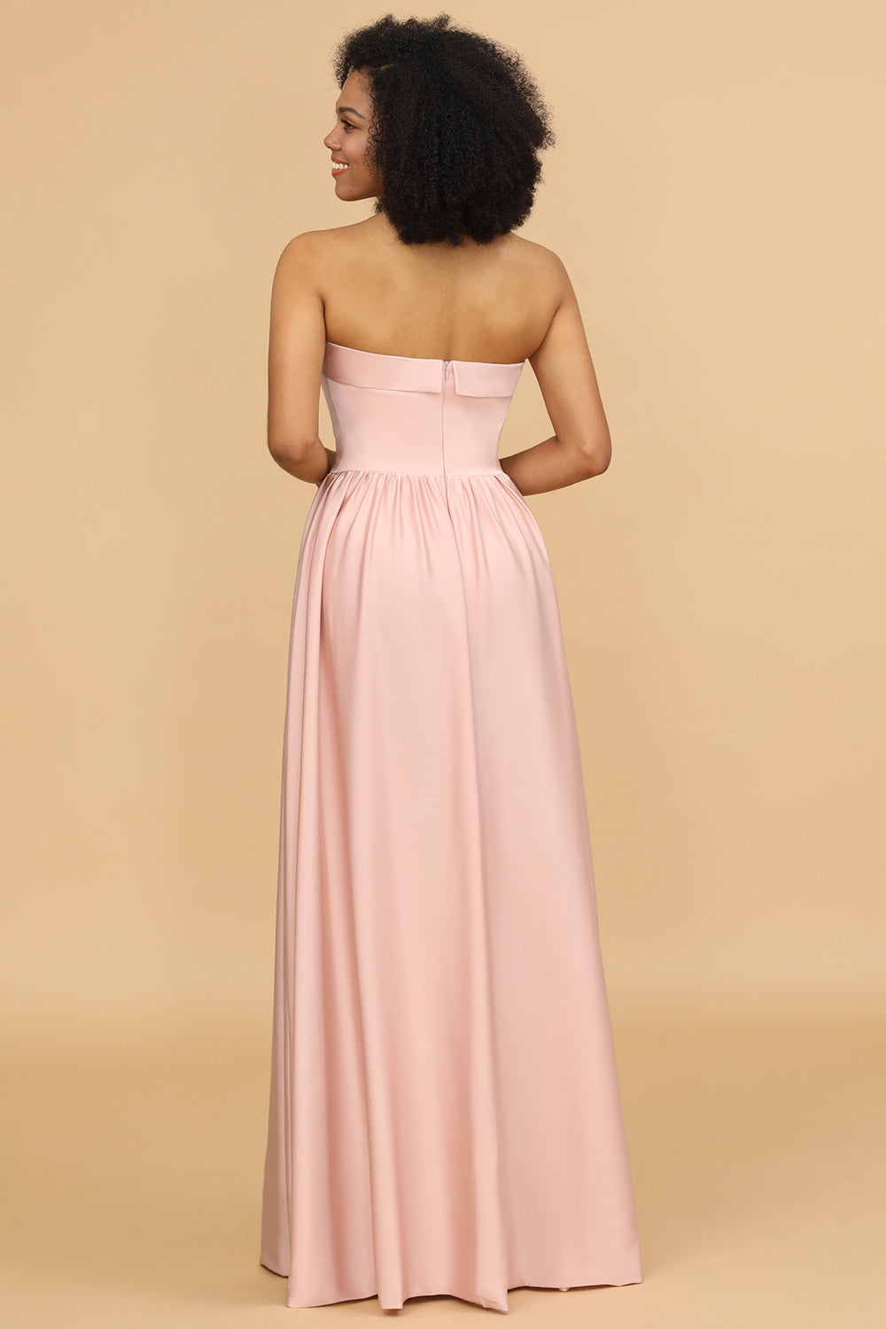 Blush Pink A Line Strapless Satin Long Bridesmaid Dress