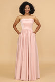 Blush Pink A Line Strapless Satin Long Bridesmaid Dress
