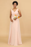 Blush A Line V Neck Chiffon Long Bridesmaid Dress