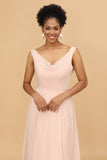 Blush A Line V Neck Chiffon Long Bridesmaid Dress