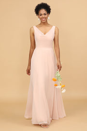 A Line V Neck Backless Chiffon Long Bridesmaid Dress