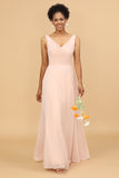 A Line V Neck Backless Chiffon Long Bridesmaid Dress