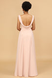 A Line V Neck Backless Chiffon Long Bridesmaid Dress