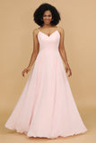 Pink A Line Spaghetti Straps Chiffon Long Bridesmaid Dress