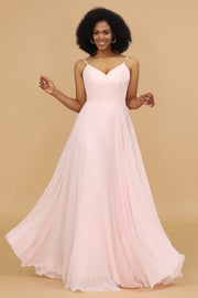 Pink A Line Spaghetti Straps Chiffon Long Bridesmaid Dress
