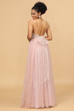 Blush A Line Spaghetti Straps Long Tulle Bridesmaid Dress