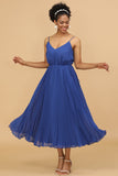 Royal Blue A Line Spaghetti Straps Tea Length Chiffon Bridesmaid Dress
