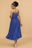 Royal Blue A Line Spaghetti Straps Tea Length Chiffon Bridesmaid Dress