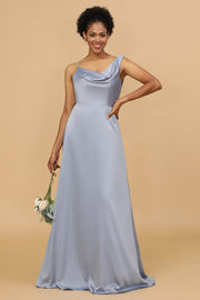 Grey Blue A Line Asymmetrical Neck Satin Long Bridesmaid Dress