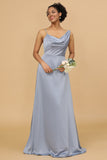 Grey Blue A Line Asymmetrical Neck Satin Long Bridesmaid Dress