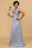 Grey Blue A Line Asymmetrical Neck Satin Long Bridesmaid Dress