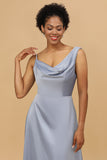 Grey Blue A Line Asymmetrical Neck Satin Long Bridesmaid Dress