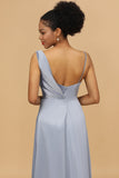 Grey Blue A Line Asymmetrical Neck Satin Long Bridesmaid Dress