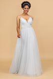 Grey A Line Spaghetti Straps Tulle Backless Long Bridesmaid Dress