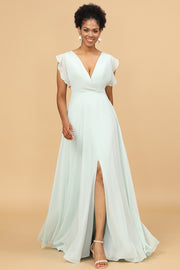 Mint V-Neck Long Chiffon Bridesmaid Dress with Slit