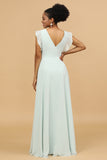 Mint V-Neck Long Chiffon Bridesmaid Dress with Slit