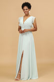 Mint V-Neck Long Chiffon Bridesmaid Dress with Slit