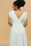 Mint V-Neck Long Chiffon Bridesmaid Dress with Slit