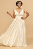 Ivory A Line Deep V-Neck Backless Long Bridesmaid Dress