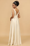 Ivory A Line Deep V-Neck Backless Long Bridesmaid Dress