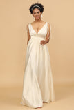 Ivory A Line Deep V-Neck Backless Long Bridesmaid Dress