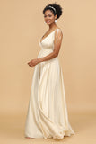 Ivory A Line Deep V-Neck Backless Long Bridesmaid Dress