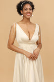 Ivory A Line Deep V-Neck Backless Long Bridesmaid Dress