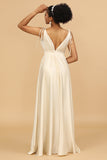 Ivory A Line Deep V-Neck Backless Long Bridesmaid Dress