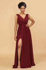 A Line Ruched V-Neck Sleeveless Chiffon Bridesmaid Dress with Slit